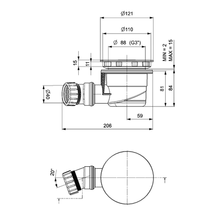 Syfon do brodzików, średnica 90mm, DN40, korek stal nierdzewna polerowana