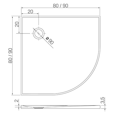 Brodzik NEX konglomeratowy półokrągy R55 80x80x3,5 biały, gł.2cm, fi 90