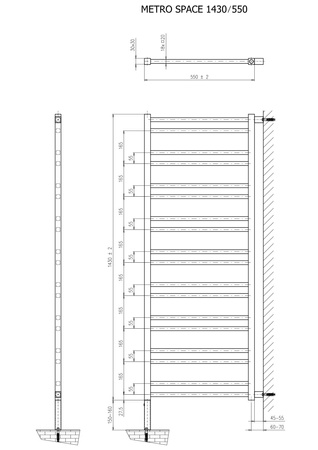 METRO SPACE grzejnik, ścianka przedziałowa, 550x1430 mm, czarny mat