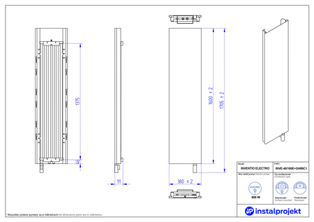 Instal Projekt Inventio Electro Grzejnik elektryczny  40x160 cm biały/silk ekran biały INVE-40/160E+GH-06C1