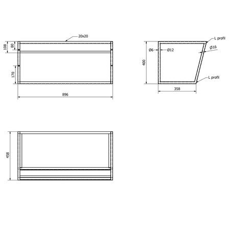SKA konsola pod umywalkę z półką 900x400x460mm, czarny mat