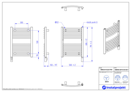 Instal Projekt Omer Electro Grzejnik elektryczny  50x70 cm biały połysk/white silk OMERE-50/70+GH-03C1