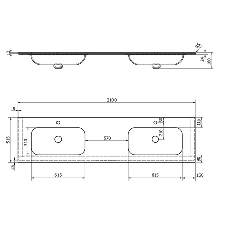ARUBA umywalka podwójna, 210x51,5 cm, Rockstone biały mat
