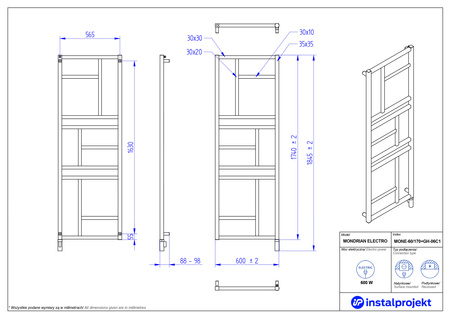 Instal Projekt Mondrian Electro Grzejnik elektryczny  60x170 cm biały mat/white mat MONE-60/170C34+GH-06C1