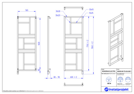 Instal Projekt Mondrian Electro Grzejnik elektryczny  60x170 cm biały połysk/white silk MONE-60/170+GH-06C1