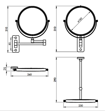 GAIA wiszące lusterko kosmetyczne, średnica 180mm, dwustronne, gun metal