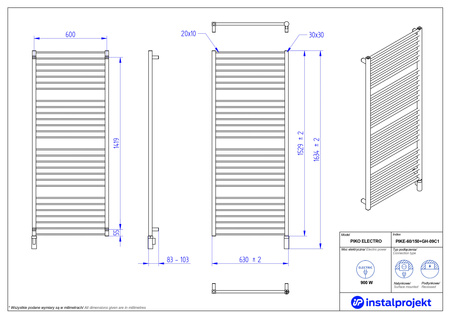 Instal Projekt Piko Electro Grzejnik elektryczny  60x150 cm biały mat/white mat PIKE-60/150C34+GH-09C1