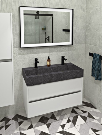 QUADRADO umywalka betonowa podwójna z korkiem 96x44cm, czarny granit