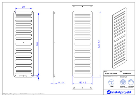 Instal Projekt Bionic Electro Grzejnik elektryczny  50x160 cm czarny połysk/black horse BIOE4-50/160C76