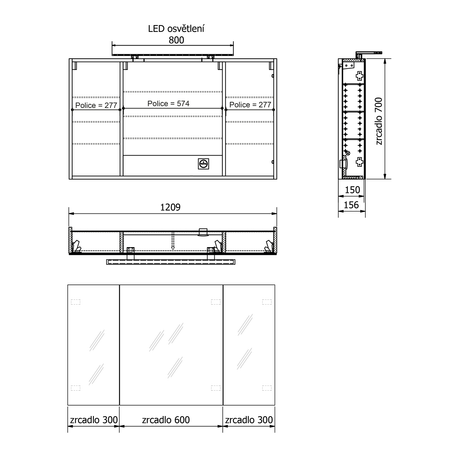 MIRRÓ szafka z lustrem, oświetlenie LED, 3 drzwiczki, 120x70x16cm, wiąz Bardini