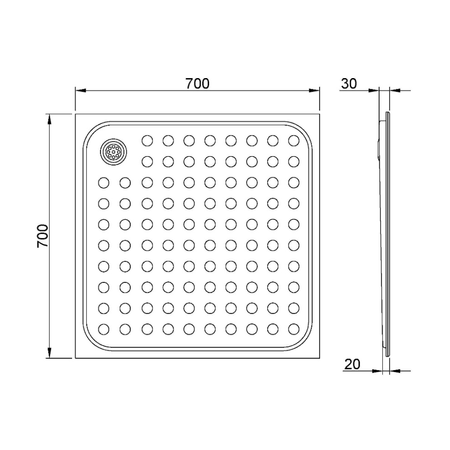 Brodzik 700x30x700 mm, stal nierdzewna mat