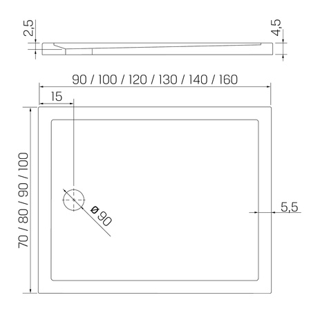 Brodzik NEW CANTARE prostokątny 100x70x4,5 obudowa zintegrowana gł. 2,5 cm, o90
