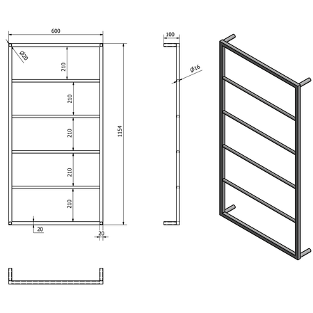 SKA ścienny wieszak na ręczniki 600x1150x100mm, biały mat