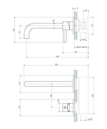 Y element natynkowy baterii umywalkowej podtynkowej z długą wylewką, miedź połysk