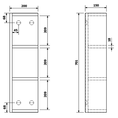RIWA regał 20x70x15cm, lewa/prawa, sosna rustykalna