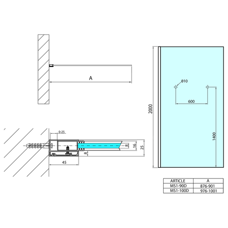MODULAR SHOWER ścianka do montażu do ściany, 1000 mm z otworami na wieszak na ręczniki