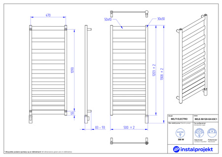 Instal Projekt Belti Electro Grzejnik elektryczny  50x120 cm biały mat/white mat BELE-50/120C34+GH-03C1