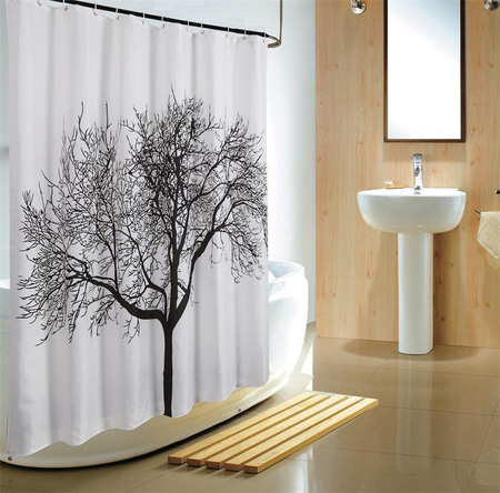 Zasłonka prysznicowa 180x200cm, polyester, czarno/biała, drzewo