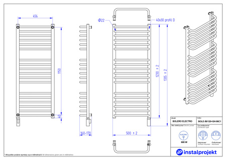 Instal Projekt Bolero Electro Grzejnik elektryczny  50x120 cm biały połysk/white silk BOLE-50/120+GH-06C1