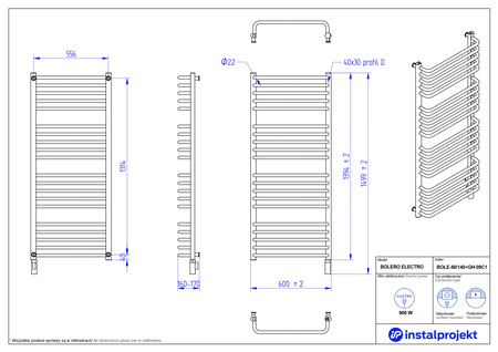 Instal Projekt Bolero Electro Grzejnik elektryczny  60x140 cm biały połysk/white silk BOLE-60/140+GH-09C1