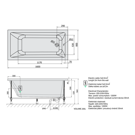 NOEMI wanna z hydromasażem, 160x80x39cm, Active Hydro-Air, chrom