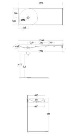 REMAL Umywalka podwieszana & nablatowa 121 x 46 cm R blat z prawej strony MICA WHITE