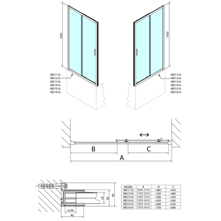 DEEP drzwi prysznicowe 1100x1650mm, szkło czyste