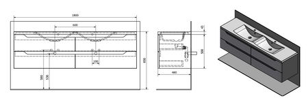 WAVE szafka umywalkowa 179,7x50x47,8cm, biała/dąb Alabama