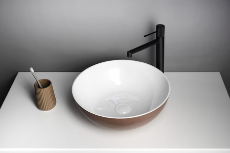 BANERA ROUND umywalka kompozytowa nablatowa, średnica 39cm, biały/brązowy mat