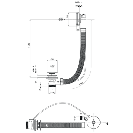 Zestaw odpływowy z napełnianiem, długość 800mm, korek automatyczny 72mm, złoty