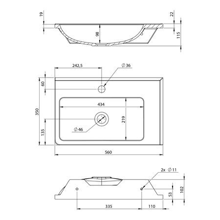 ARANA umywalka kompozytowa 56x35cm, biała, prawa