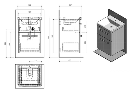 THEIA Szafka umywalkowa 46,4x70x44,2cm, 2 szuflady, dąb srebrny