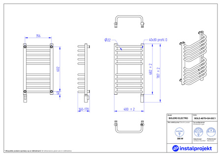 Instal Projekt Bolero Electro Grzejnik elektryczny  40x70 cm biały połysk/white silk BOLE-40/70+GH-03C1