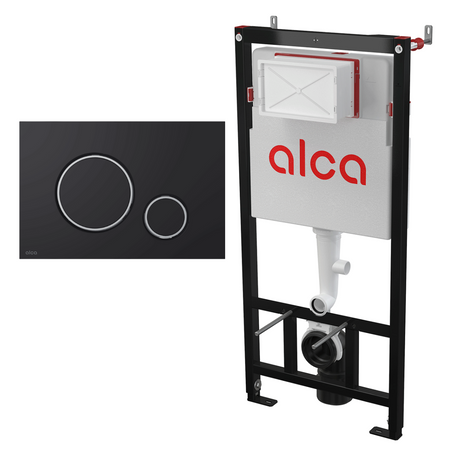 RAK Ceramics RESORT Miska WC podwiesz. Rimless 52x36 cm biały połysk ze stelażem i przyciskiem THIN Czarny mat/ Chrom połysk Alcadrain