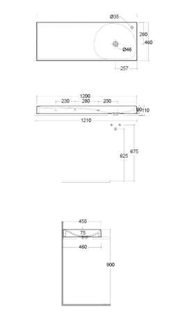 REMAL Umywalka podwieszana & nablatowa 121 X 46 cm L blat z lewej strony z otworem na baterię biały połysk