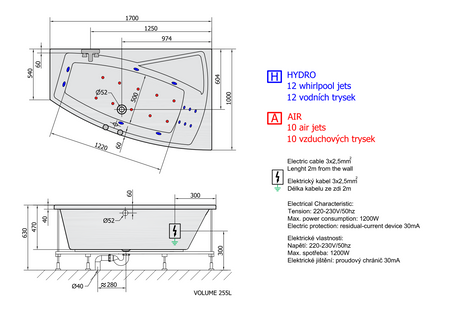 EVIA R HYDRO-AIR wanna z hydromasażem, 170x100x47cm, biała