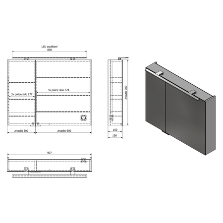 MIRRÓ szafka z lustrem z oświetleniem LED, 90x70x16cm, wiąz Bardini