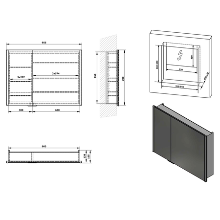 INTEGRA szafka z lustrem do zabudowy, oświetlenie LED, 95x70cm