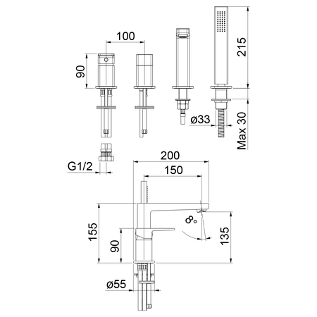 TURSI bateria na brzeg wanny, czteroelementowa, chrom