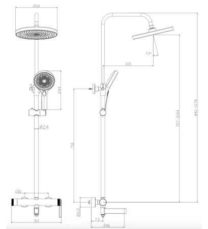 Deszczownica z baterią prysznicowo wannową trzyfunkcyjną, złota