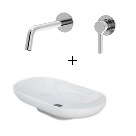 Zestaw DES UMYWALKA NABLATOWA 70X35CM OWALNA BIAŁY POŁYSK + Bateria podtynkowa ICONIC Chrom