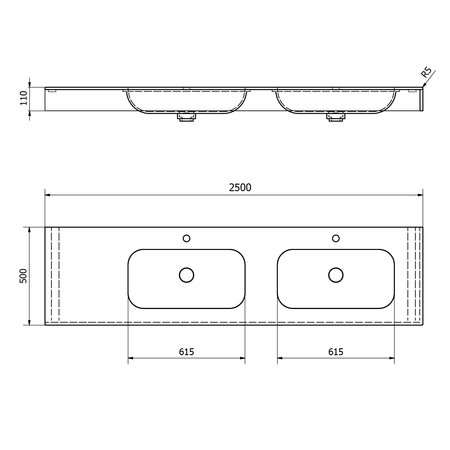 EMICO umywalka podwójna prawa, 250x50 cm, wersja L, Rockstone biały mat