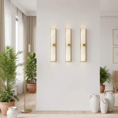 Lampa ścienna MURO LED 66 cm - biały alabaster, złote detale