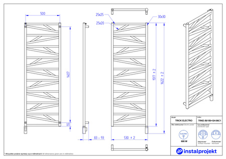 Instal Projekt Trick Electro Grzejnik elektryczny  50x150 cm biały mat/white mat TRKE-50/150C34+GH-06C1