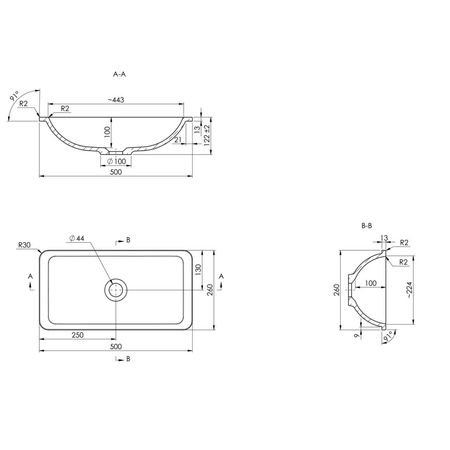 KAMA umywalka kompozytowa 50x26cm, biała, wpuszczana w blat
