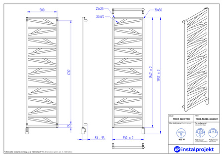 Instal Projekt Trick Electro Grzejnik elektryczny  50x180 cm biała struktura/white structure TRKE-50/180C36+GH-09C1