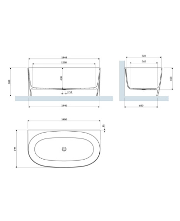 VALENCIA M+ wanna przyścienna, 148 x 77 cm, biały połysk