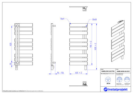 Instal Projekt Nameless Electro Grzejnik elektryczny  40x90 cm czarna struktura/black structure NAME-40/90C33+GH-03C2