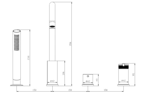 Bateria wannowa 4-otworowa, chrom