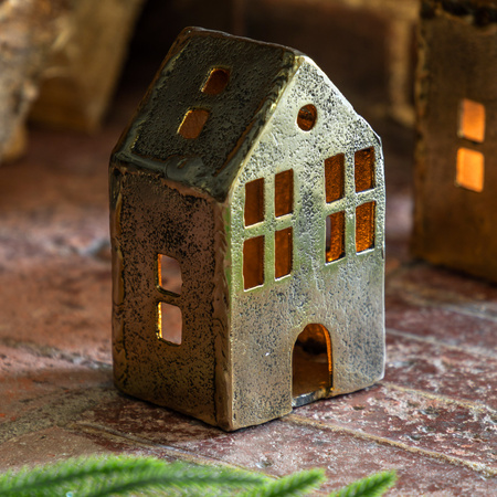 House Tealight Holder Antique Gold 85x70x140mm